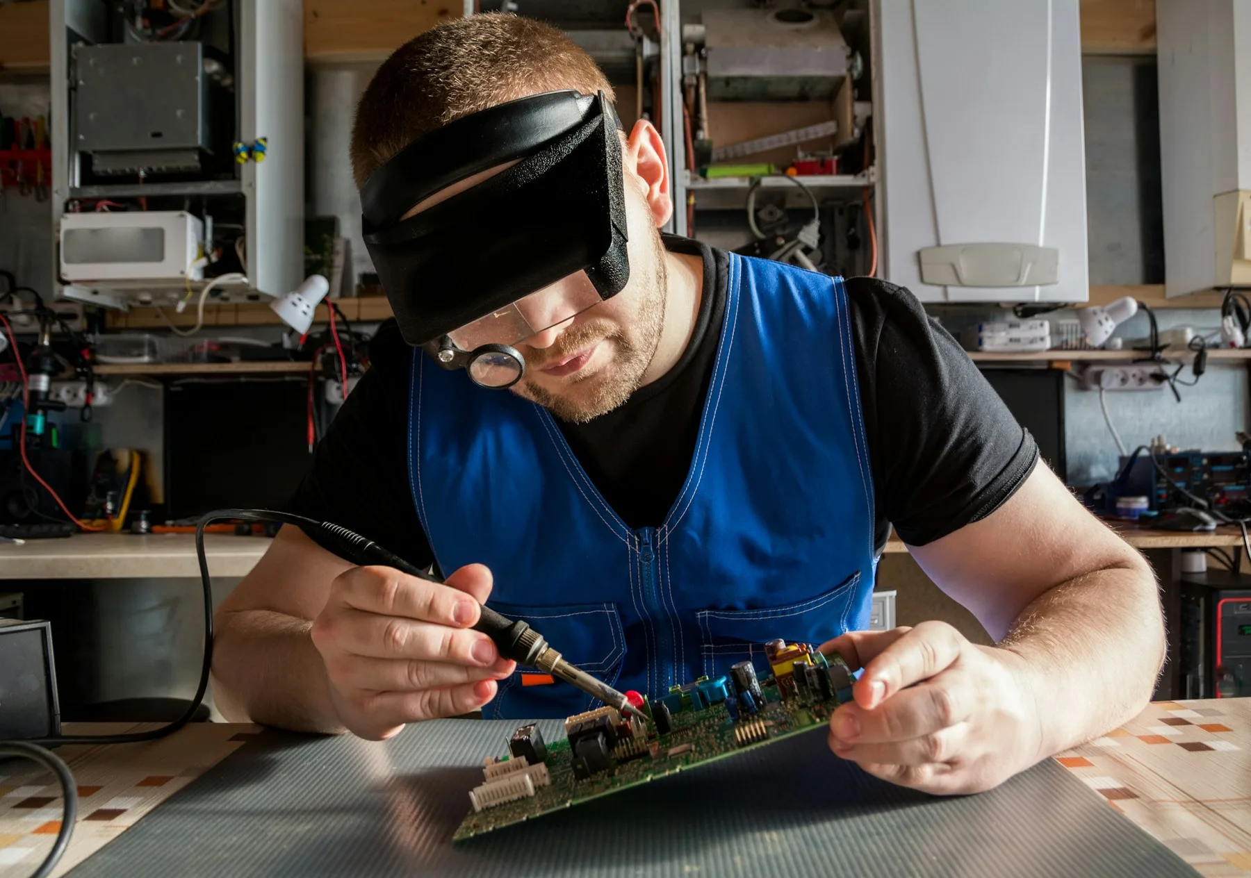 Tecnico al lavoro su una scheda elettronica