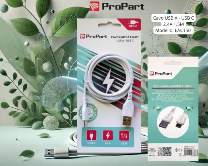 PP15TC587W Cavo dati e ricarica USB tipo A/C 2,,4A 1,5mt