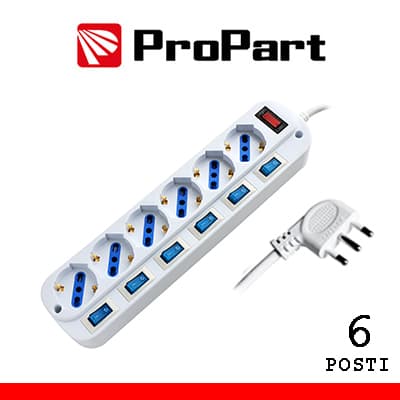 PEM203056A-W Multipresa 6 posti bipasso schuko spina 16A + interruttori multipli